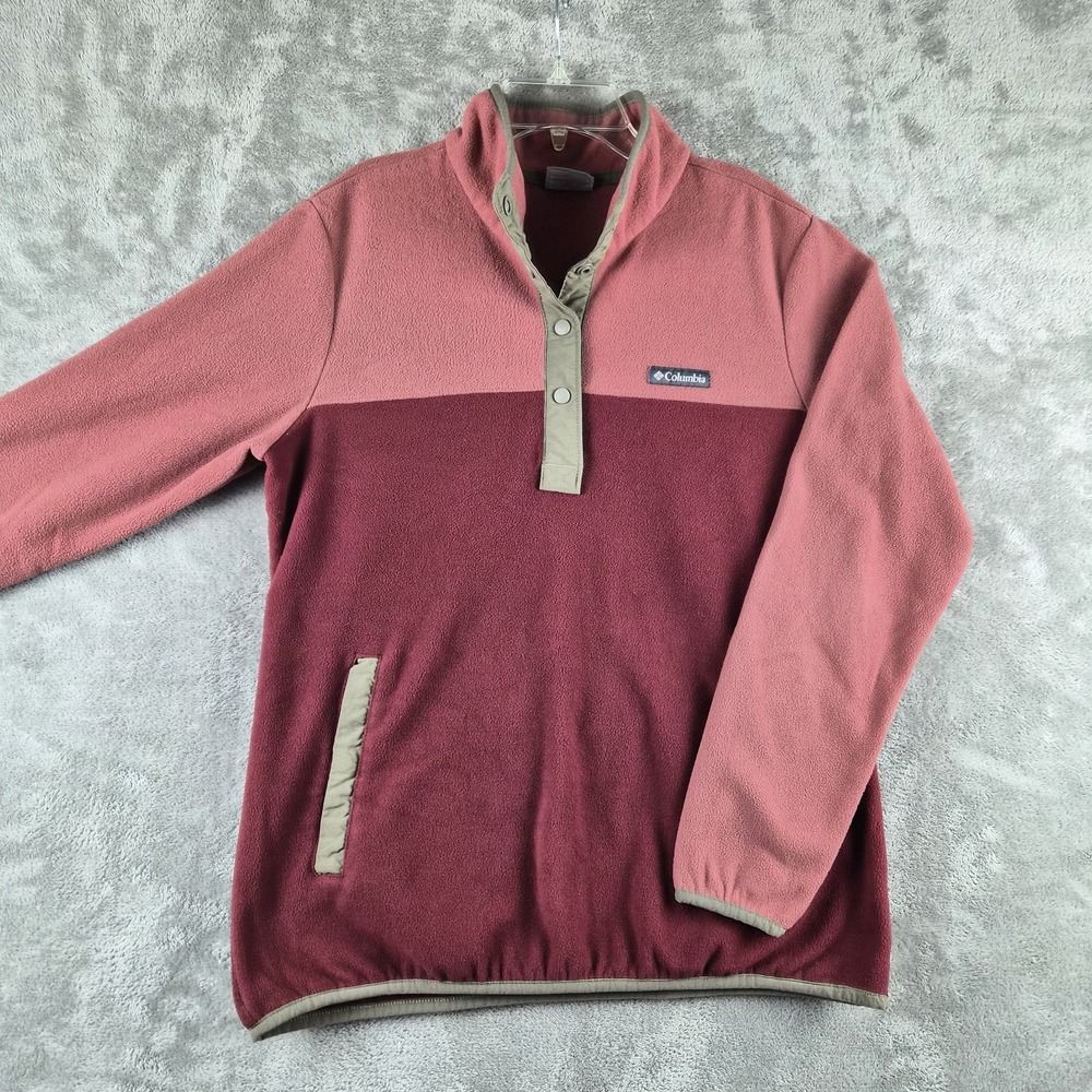 Columbia Fleece Pullover Womens Large Burgundy Pink Colorblock 1/4 Snap Outdoor